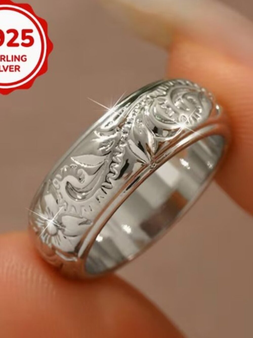 925 Silver Engraved Scroll Pattern Band Ring Bohemian Style Etched Design
